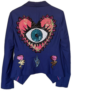 Embellished Royal Blue Blazer Evil Eye Heart Sequin Jacket Small